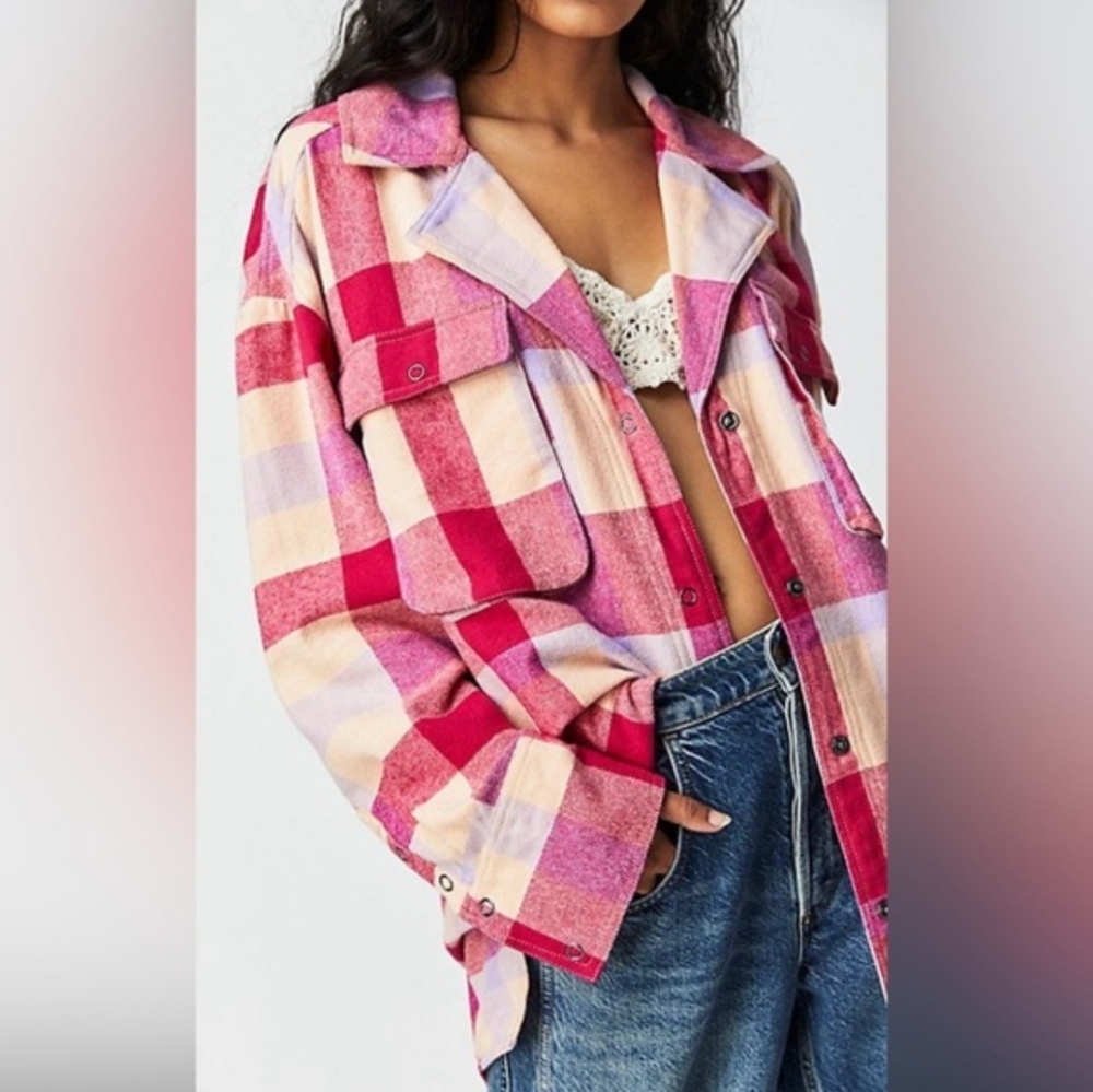 Free People Flannel Shirt We The Free Izzy Flannel Shacket Cargo Plaid Shirt
